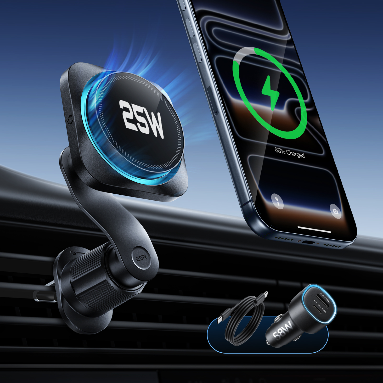 ESR OmniLock Magnetic Car Charger (25W, CryoBoost, Air Vent 